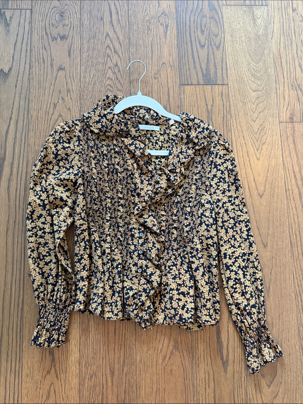 DÔEN Ruffled Floral Button-Down Blouse - Black & Mustard size XXS